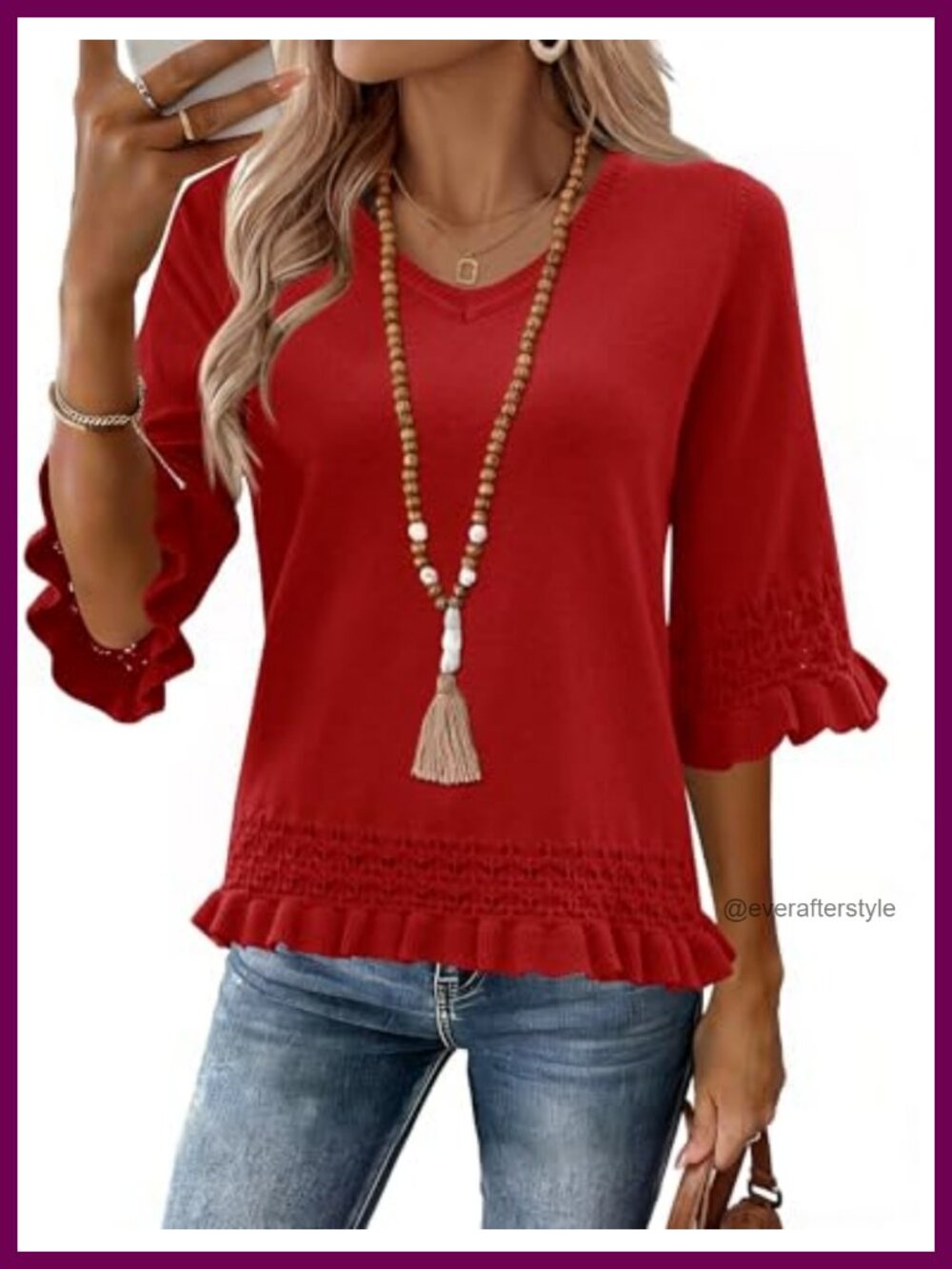 Women's 3/4 Sleeve V-Neck Peplum Sweater Lightweight Knit Pullover